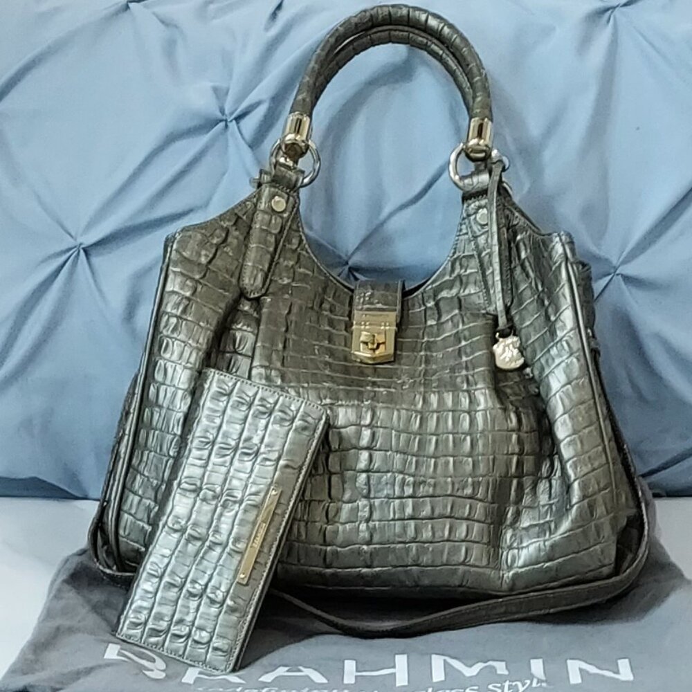 SET –  Brahmin Elisa Gray Metallic Melbourne Hobo Bag and Ady Wallet